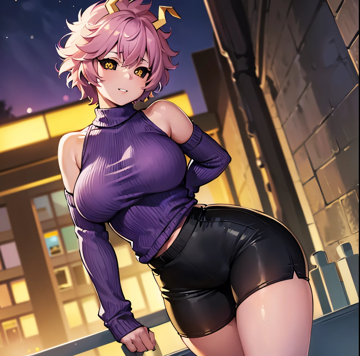 ((1girl)),((alone)),mina ashido,(masterpiece), (best quality), (ultra detailed), (best illustration), (best shadow), (absurdities), sharp focus, cowboy shot , dynamic posture looking at the viewer, big breasts, narrow waist, wide hips, wide thighs, round butt, erotic, romantic, (very detailed eyes, lips 1.1), very detailed eyes, eyes, Very detailed face, Very beautiful face, height complete, beautiful slim figure, femininity, expressive appearance, big elastic breasts, sexuality, pink skin, pink hair, short hair, horns,((yellow eyes)),((black sclera)),((yellow irises)),( (black pupil)), ((shorts)), ((bare shoulders:1.3)), ((sweater)), hand on hip,((black shorts:1.3)),((sweater with long sleeves: 1.2)), ((tight pants)), ((purple sweater:1.4)), ((tight sweater)), (socks: 1.2), (black socks: 1.1), ((brown loafers:1.2)), body defined, Perfect and beautiful body, perfect and beautiful, closed mouth, smile, happy smile, blushing, (sexy pose: 1.2), ((solo)), standing: 1.3, outdoor, cityscape, streets, city, night, lights of the city, looking forward, ((focus on hips)), point of view: (from the middle), perfect anatomy, perfect hands