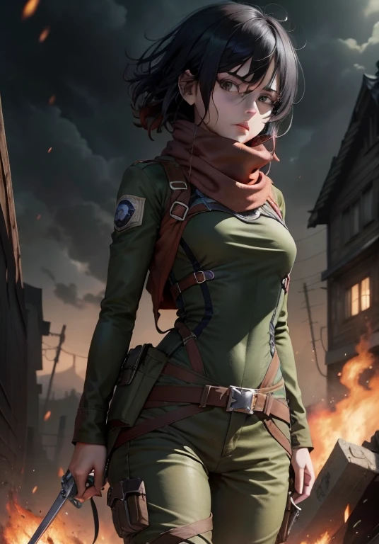 aot style, shingeki no kyojin,

Mikasa Ackerman,

1girl in, arm strap, Bangs, Black hair, Black pants, breasts, Cowboy Shot, embers, Green eyes, greybackground, hair between eye, Harnes, Long sleeves, Looking at Viewer, medium breasts, Pants, red scarf, nffsw...