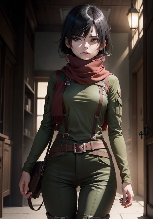 aot style, shingeki no kyojin,

Mikasa Ackerman,

1girl in, arm strap, Bangs, Black hair, Black pants, breasts, Cowboy Shot, embers, Green eyes, greybackground, hair between eye, Harnes, Long sleeves, Looking at Viewer, medium breasts, Pants, red scarf, nffsw...