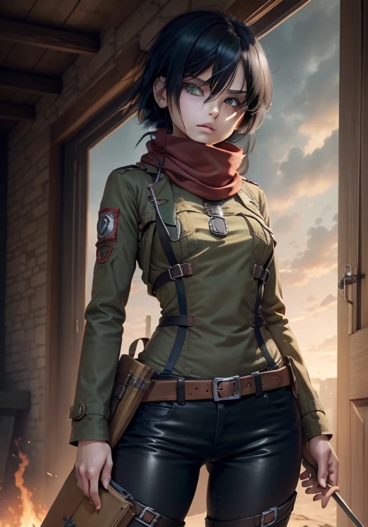 aot style, shingeki no kyojin,

Mikasa Ackerman,

1girl in, arm strap, Bangs, Black hair, Black pants, breasts, Cowboy Shot, embers, Green eyes, greybackground, hair between eye, Harnes, Long sleeves, Looking at Viewer, medium breasts, Pants, red scarf, nffsw...