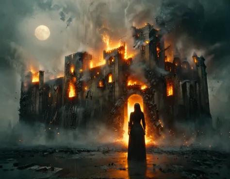 cinematic still Vampire woman standing in front of burning castle, at night, Full moon in the sky，There are storm clouds in the ...