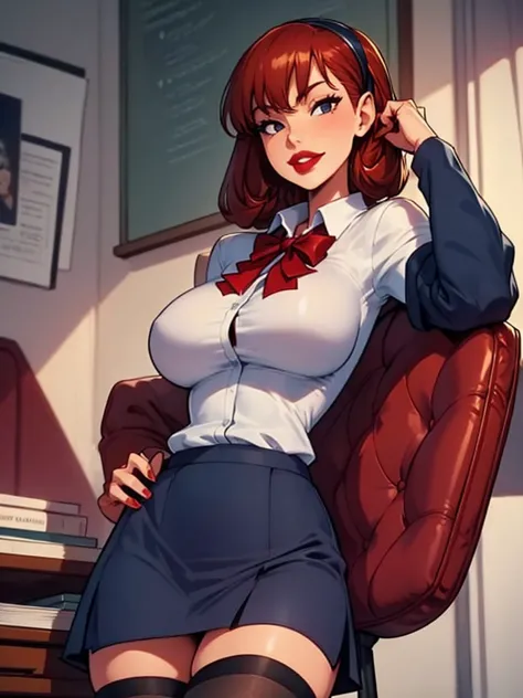 sharona, wearing a navy office suit, white shirt, navy skirt,red lips,hairband, black tights, high quality,