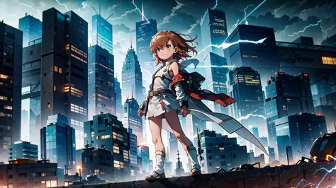 masterpiece, best quality,1girl, solo, chibi,misaka mikoto, standing,urban, city,skyscrapers,  thunder bolts, flashing, glowing,...