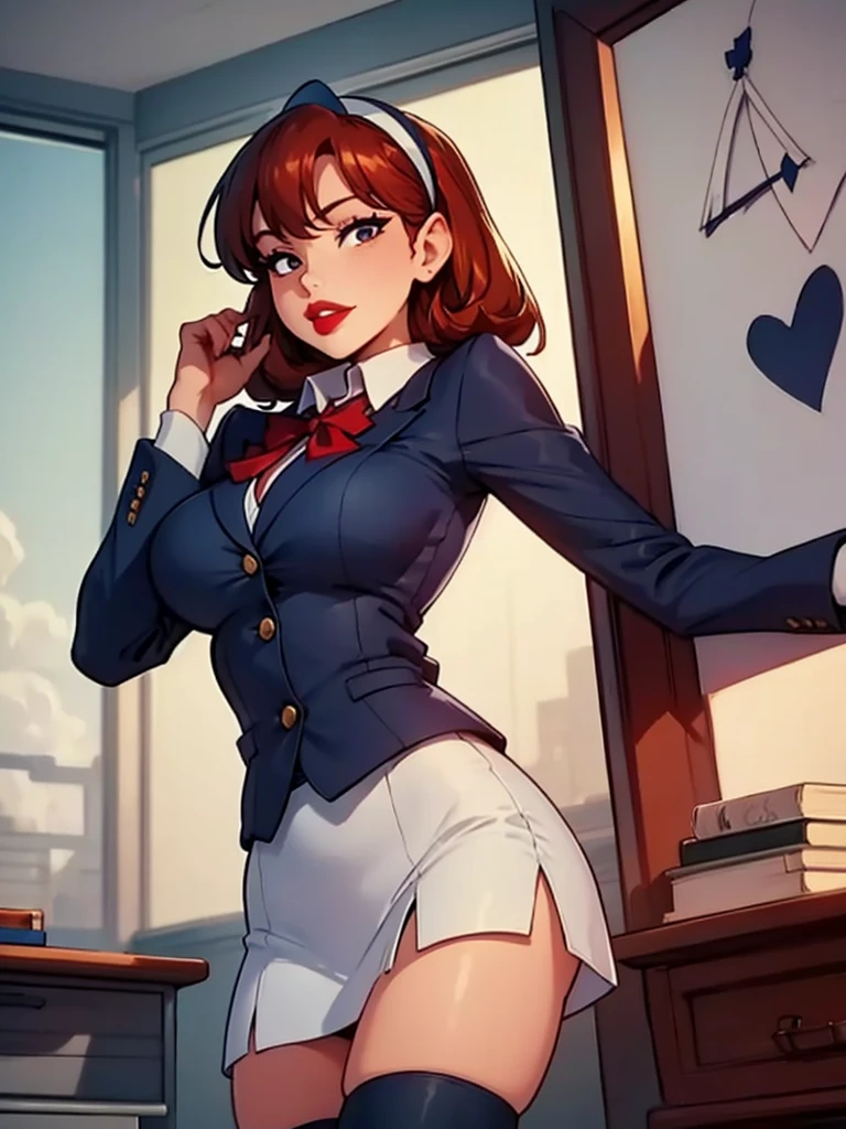 Sharona, wearing a navy office suit, white shirt, navy skirt,red lips,hairband, black tights, high quality, 