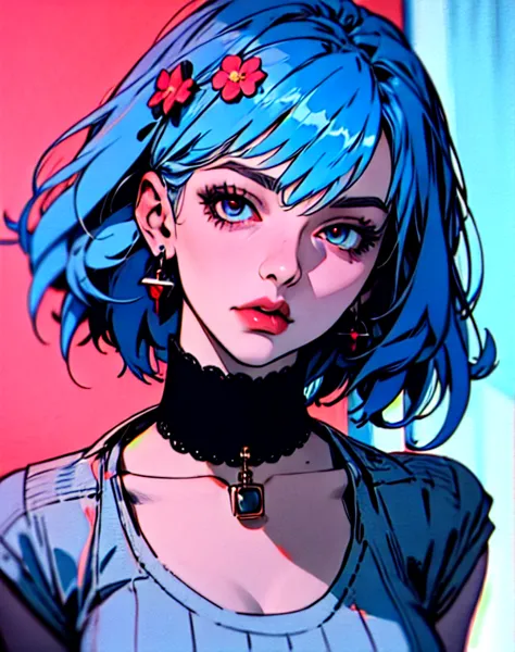 1girl, blue hair, red eyes, looking at viewer, white shirt, upper body, jewelry, diamond earrings, hair flower,