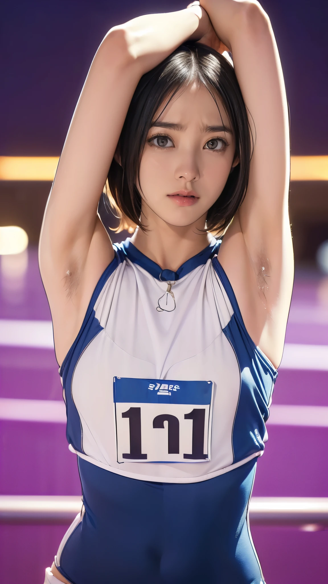 (9-year-old girl:1.5, Very slim:1.5, Very thin arms:1.5, Very Short Hair, Armpit Hair), (Show me your armpit hair:1.4), (Tabletop:1.3), (8k, Realistic, RAW Photos, Highest quality: 1.4), (Shortcuts:1.3), ((Cute type, Big eyes, Droopy eyes, A pained cry:1.4, shout:1.4, Shout out, Stretch your arms:1.3)), (Real Skin), Beautiful Skin, 超High resolution, Ultra-realistic, High resolution, (夜のAthletics場, Track and Field:1.5), Athletics