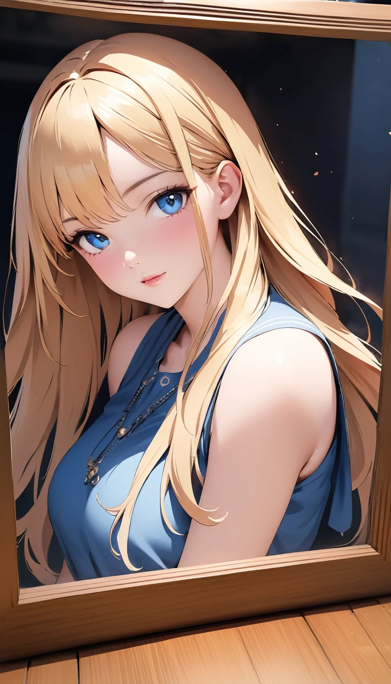 Uma mulher loira com cabelos longos e vestido azul posando para uma foto, estilo de arte anime realista, renderização fotorrealista de garota anime, arte cg de anime suave, estilo de realismo de anime, estilo de arte realista, jovem anime realista, linda pintura digital, Estilo 3D de anime realista, Lindos retratos de anime, estilo de arte anime realista, Retratos de personagens em close-up, 3D Anime Real, retrato estilo anime