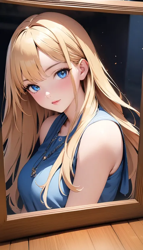 A blonde woman with long hair and a blue dress is posing for a photo, Realistic anime art style, Photorealistic anime girl rende...