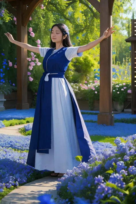 In a fragrant garden, the blind woman is standing with her arms outstretched, gently touching the petals of the flowers she encounters, connecting with nature and the sweet blue flowers.