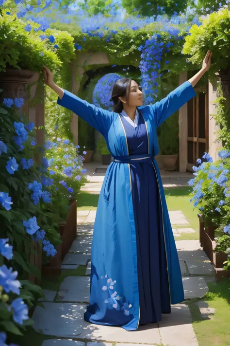 In a fragrant garden, the blind woman is standing with her arms outstretched, gently touching the petals of the flowers she encounters, connecting with nature and the sweet blue flowers.
