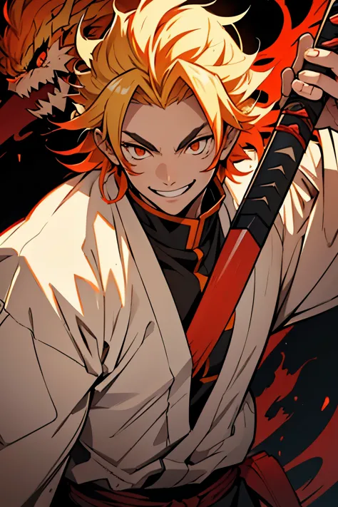 white young man, blonde hair with red highlights, orange eyes, rengoku eyebrows, smile, demon slayer uniform, katana, pride smil...