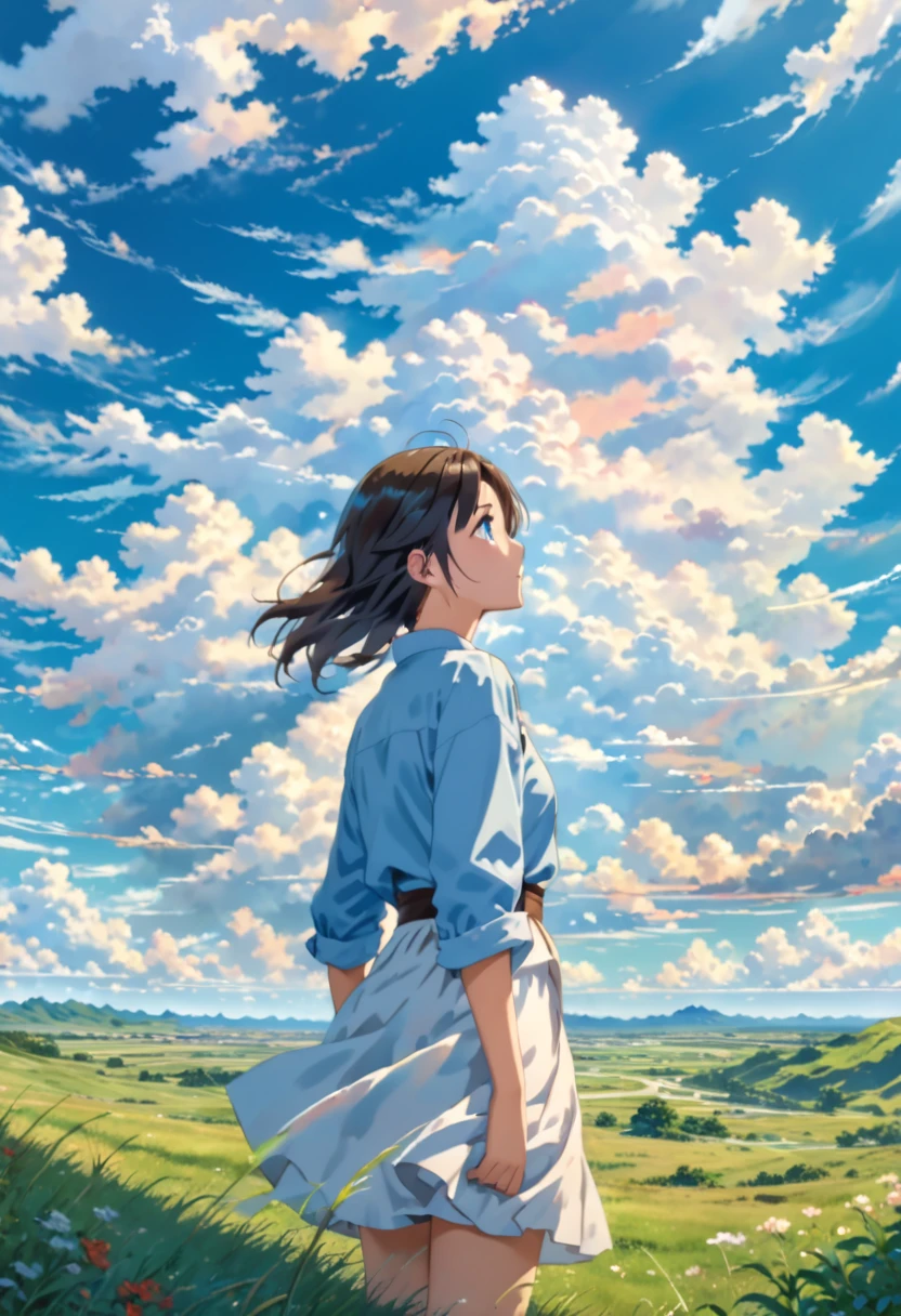 anime, anime landscape, beautiful hair, boyfridend girlfrien sweet, looking at clouds, in a grassland, creative, realist, white clouds, blue sky, landscape amazing, guy looking away from camera, wide photo