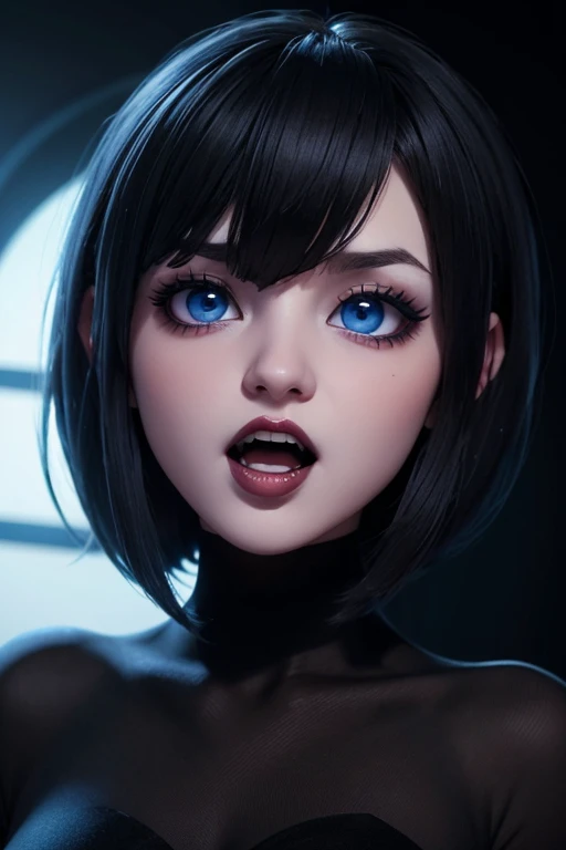 Attractive girl with big blue eyes, White skin, eyeliner and open mouth showing vampire fangs, short black hair with bob style bangs voluminous lips thin nose image 1.2 High Resolution 12k Gothic Makeup Fanart Awesome 