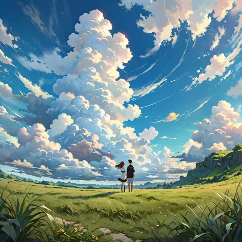 anime, anime landscape, beautiful hair, couple sweet, looking at clouds, in a grassland, creative, realist, white clouds, blue s...