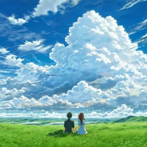 anime, anime landscape, beautiful hair, couple sweet, looking at clouds, in a grassland, creative, realist, white clouds, big bl...