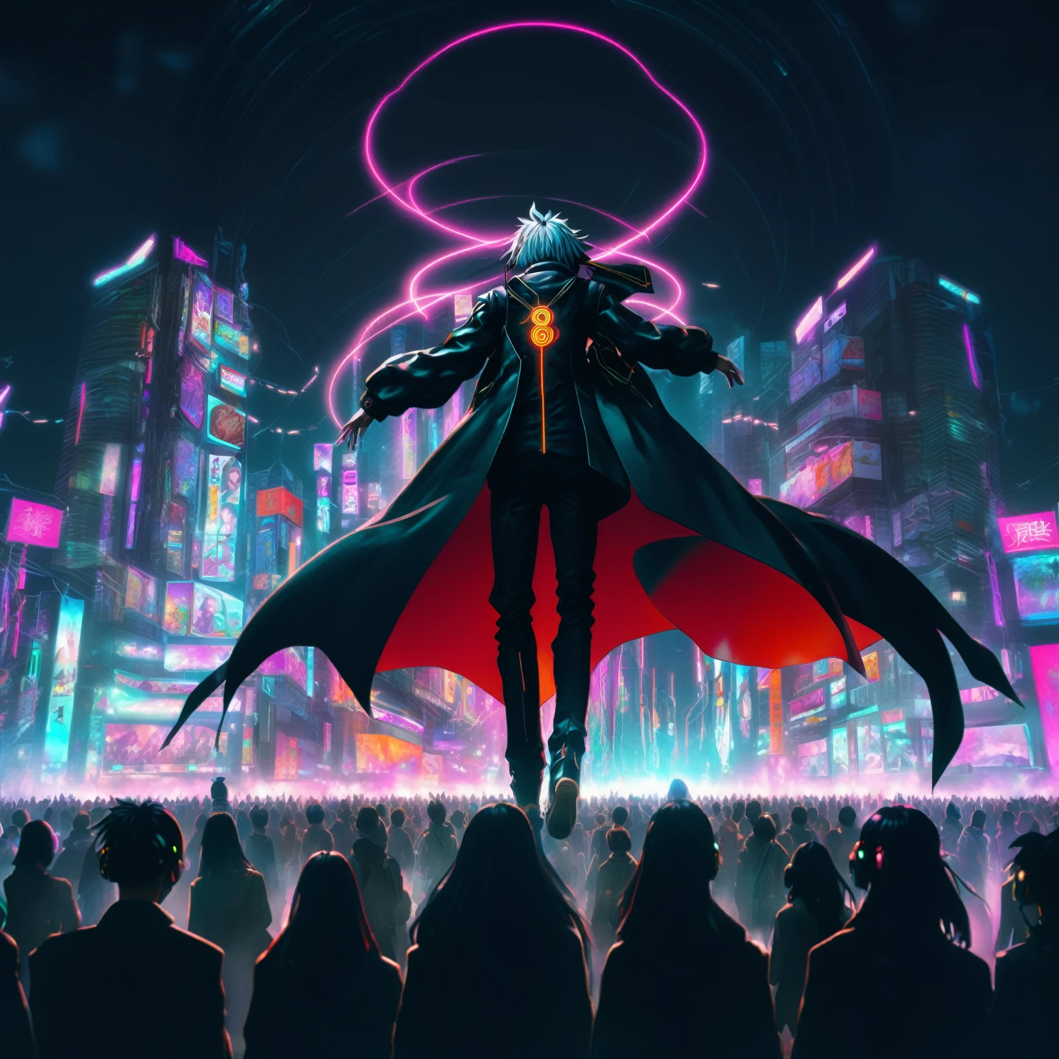 image d'un homme dans le style anime debout devant une foule de personnes, style artistique ufotable, Meilleur fond d&#39;écran anime 4k konachan, digital art animé cyberpunk, cyberpunk numérique - art anime, art cyberpunk animé, anime cyberpunk moderne, ufotable, art animé cyberpunk, oeuvre épique d&#39;anime, Anime dur à cuire 8 K, anime cyberpunk, dans la ville cyberpunk