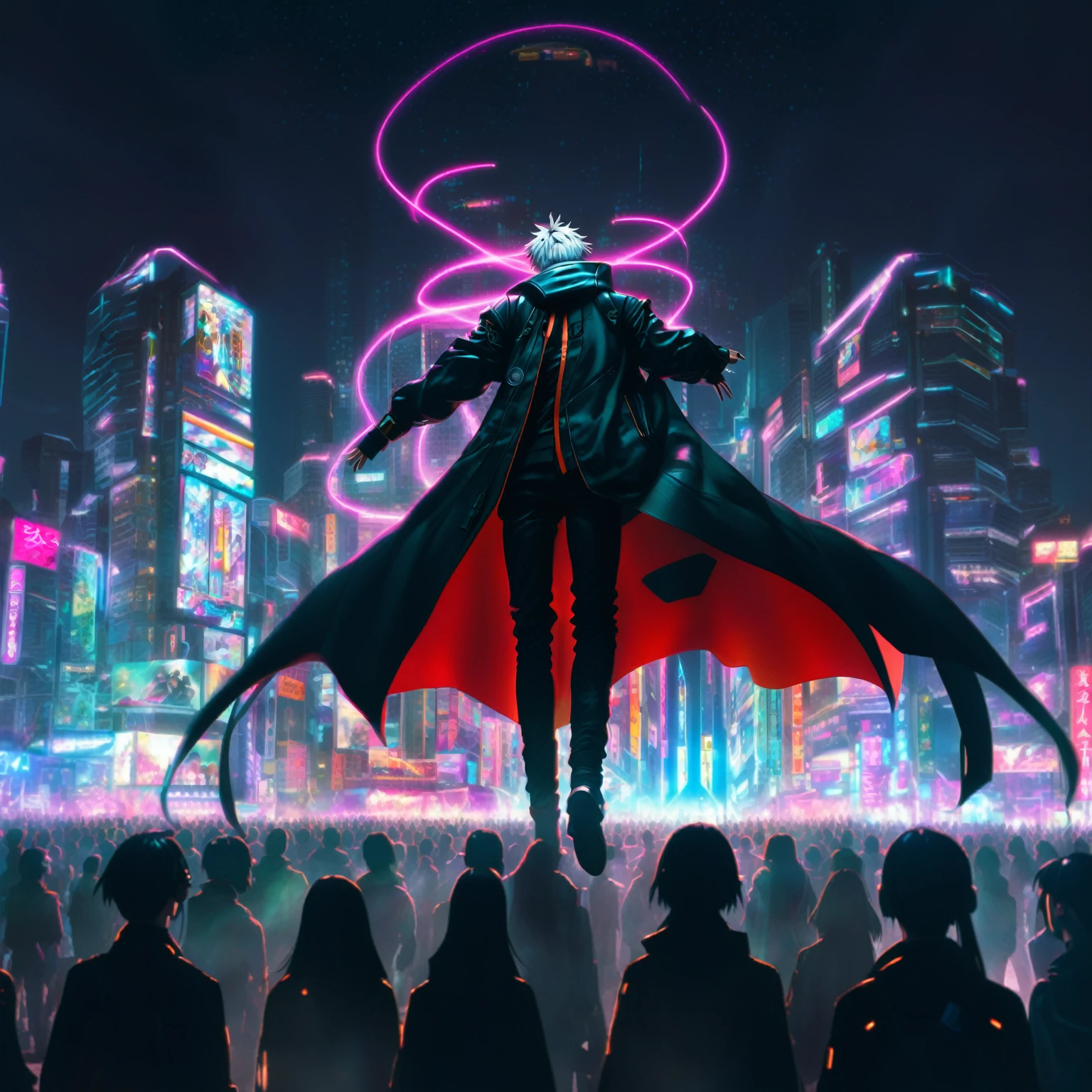 image d'un homme dans le style anime debout devant une foule de personnes, style artistique ufotable, Meilleur fond d&#39;écran anime 4k konachan, digital art animé cyberpunk, cyberpunk numérique - art anime, art cyberpunk animé, anime cyberpunk moderne, ufotable, art animé cyberpunk, oeuvre épique d&#39;anime, Anime dur à cuire 8 K, anime cyberpunk, dans la ville cyberpunk