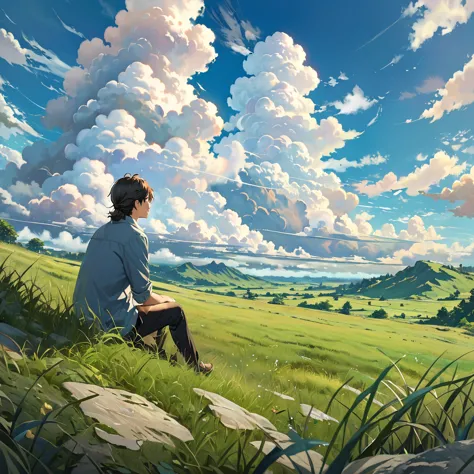 anime, anime landscape, beautiful hair, sitting in grass, guy looking at clouds, in a grassland, creative, realist, white clouds...