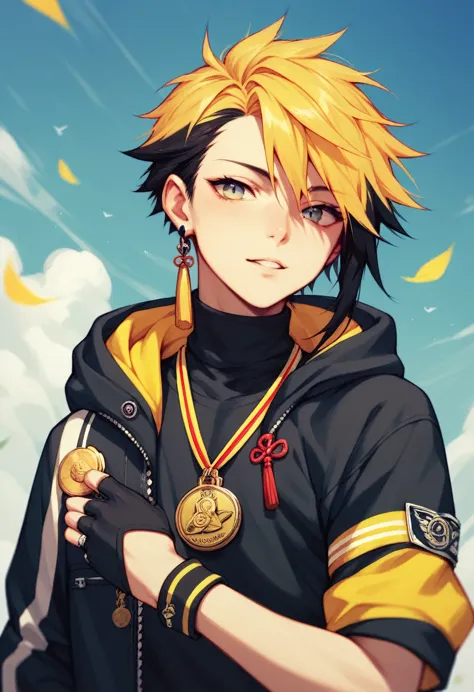 black gloves,medal,hoodie,tassel,asymmetrical sleeves,yellow flower,black shirt,two-tone hair,turtleneck,wrist cuffs,