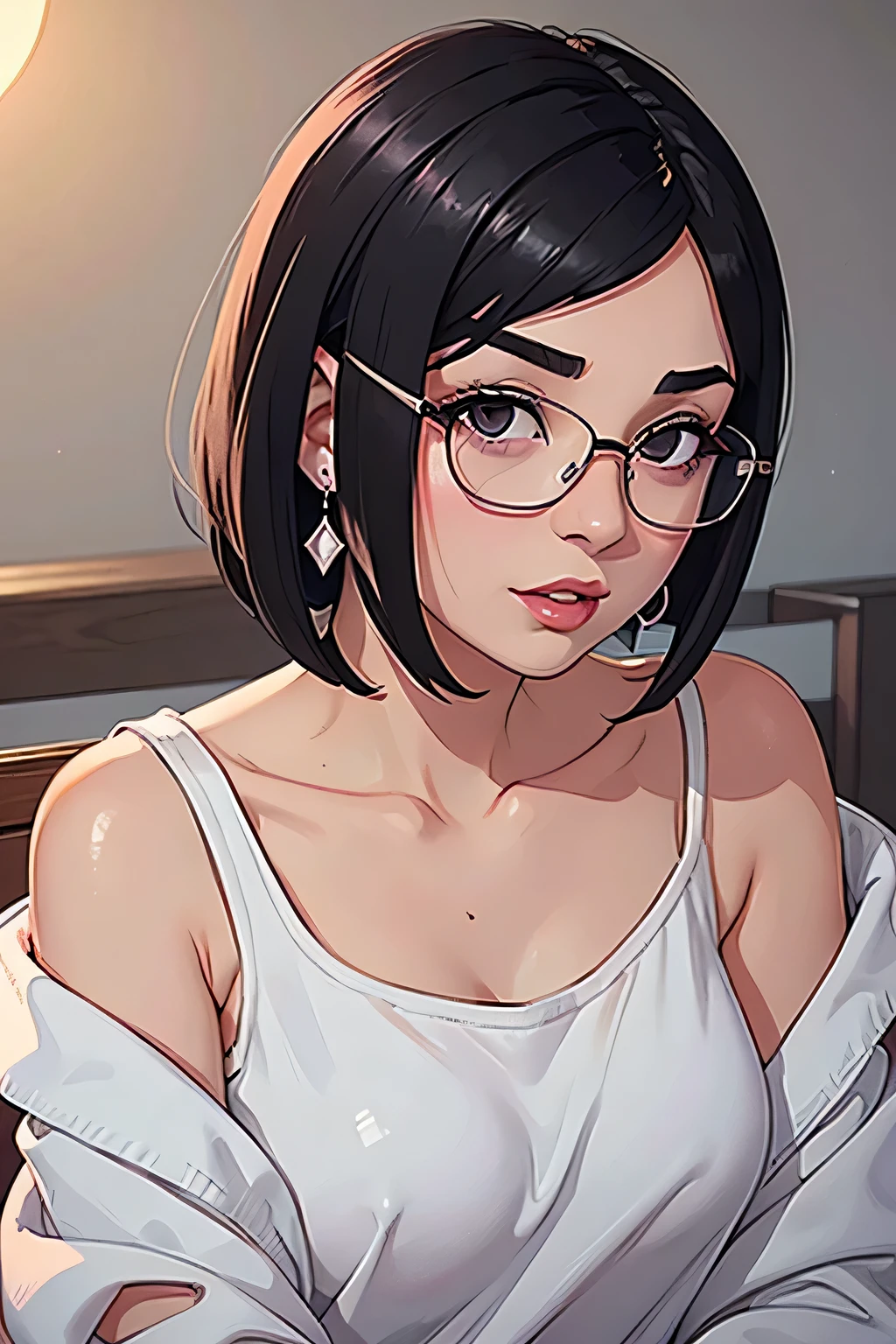 Amazing portrait of a cute and sexy woman with her black hair in a short bob hairstyle, cute but seductive eyes, perfect pink lips parted wearing glasses, long earrings, a loose oversized white t shirt falling off her shoulder emphasizing her bare shoulder and her medium chest seductively