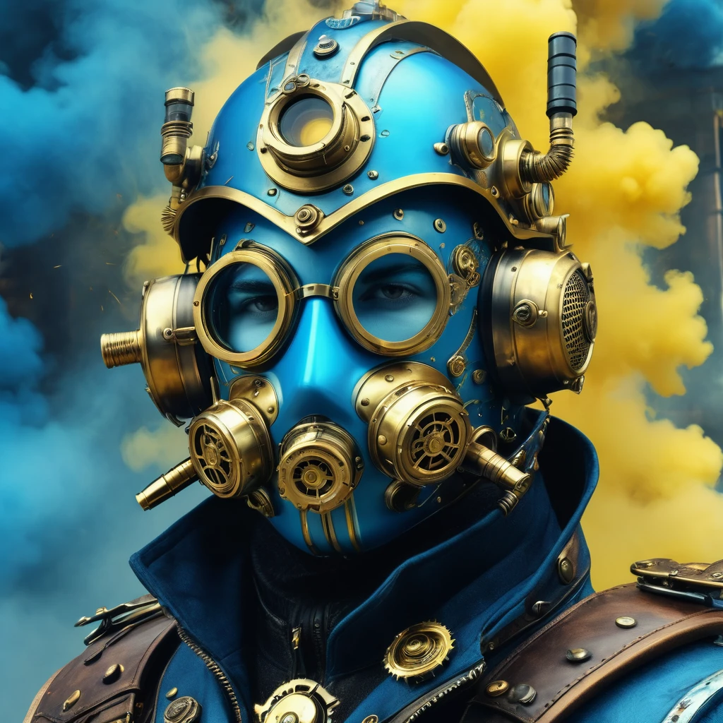 Steampunk style face in mask, Helmet, Vaporpunk, future vintage, close view, 3/4 views, background with weapons and ammunition, decorations, Male, blue and yellow work of art, 4D, 8 K, High tech