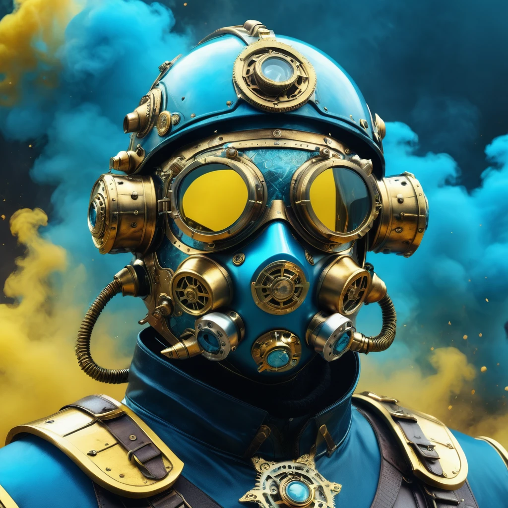 Steampunk style face in mask, Helmet, Vaporpunk, future vintage, close view, 3/4 views, background with weapons and ammunition, decorations, Male, blue and yellow work of art, 4D, 8 K, High tech