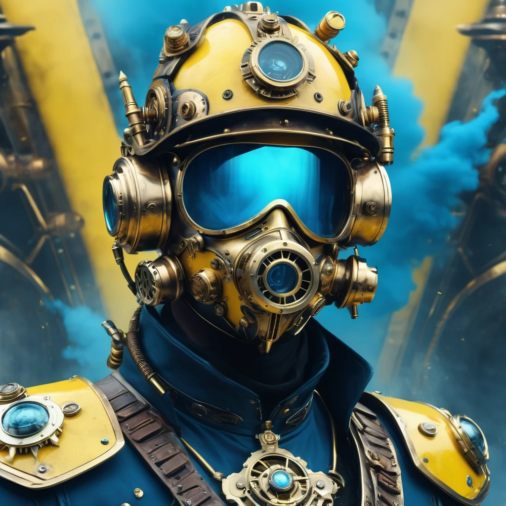 Steampunk style face in mask, Helmet, Vaporpunk, future vintage, close view, 3/4 views, background with weapons and ammunition, decorations, Male, blue and yellow work of art, 4D, 8 K, High tech