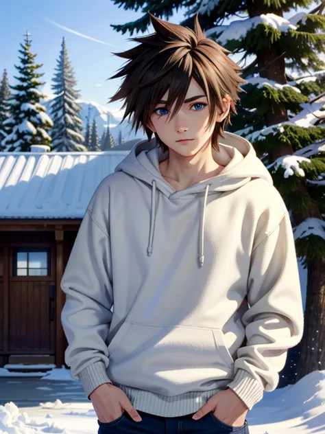 ((ultra detailed, masterpiece, absurdres))
 khsora, 1boy, solo, muscular, brown hair, blue eyes, spiked hair, ski lodge, winter ...