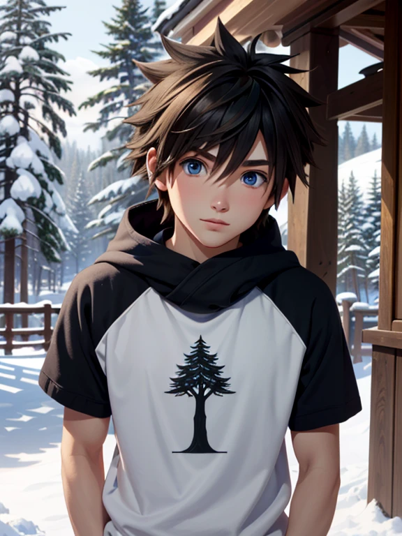 ((ultra detailed, masterpiece, absurdres))
 KHSora, 1boy, solo, muscular, brown hair, blue eyes, spiked hair, Ski lodge, winter setting, standing with snow-covered trees, cozy sweater, warm charm