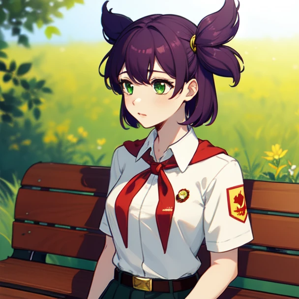 masterpiece, high quality, 1girl, bllena, medium shot, upper body, green eyes, purple hair, twintails, white shirt, red badge on shirt, red bow-tied neckerchief, leather belt, blue skirt, yellow hairpin, outdoors, book, bench
