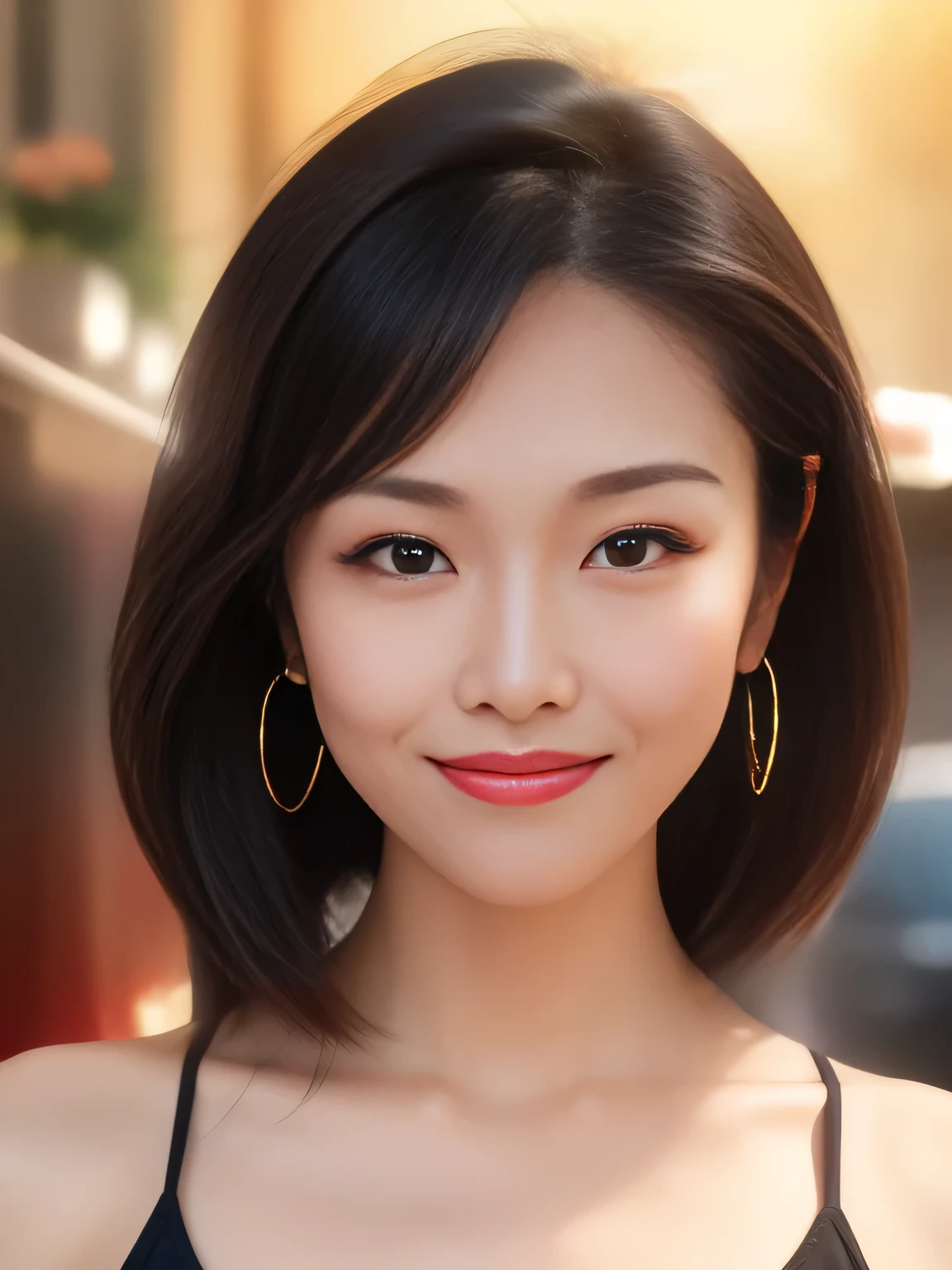 Highest quality, 超High resolution, Realistic photos, Sunset Light, Sticking out ears、Black Hair, Short ponytail, One Japanese woman, hoop earrings, big smile, Detailed Photos, smile, sexy, Black T-shirt, To the camera, masterpiece, 8k, Realistic, Highest quality, Beautiful Face, Realistic Face, Realistic eyes, Beautiful details in the eyes, (Realistic Skin), Beautiful Skin, Absurd, Charm, 超High resolution, Ultra-realistic, High resolution, Golden Ratio, Close-up of face、