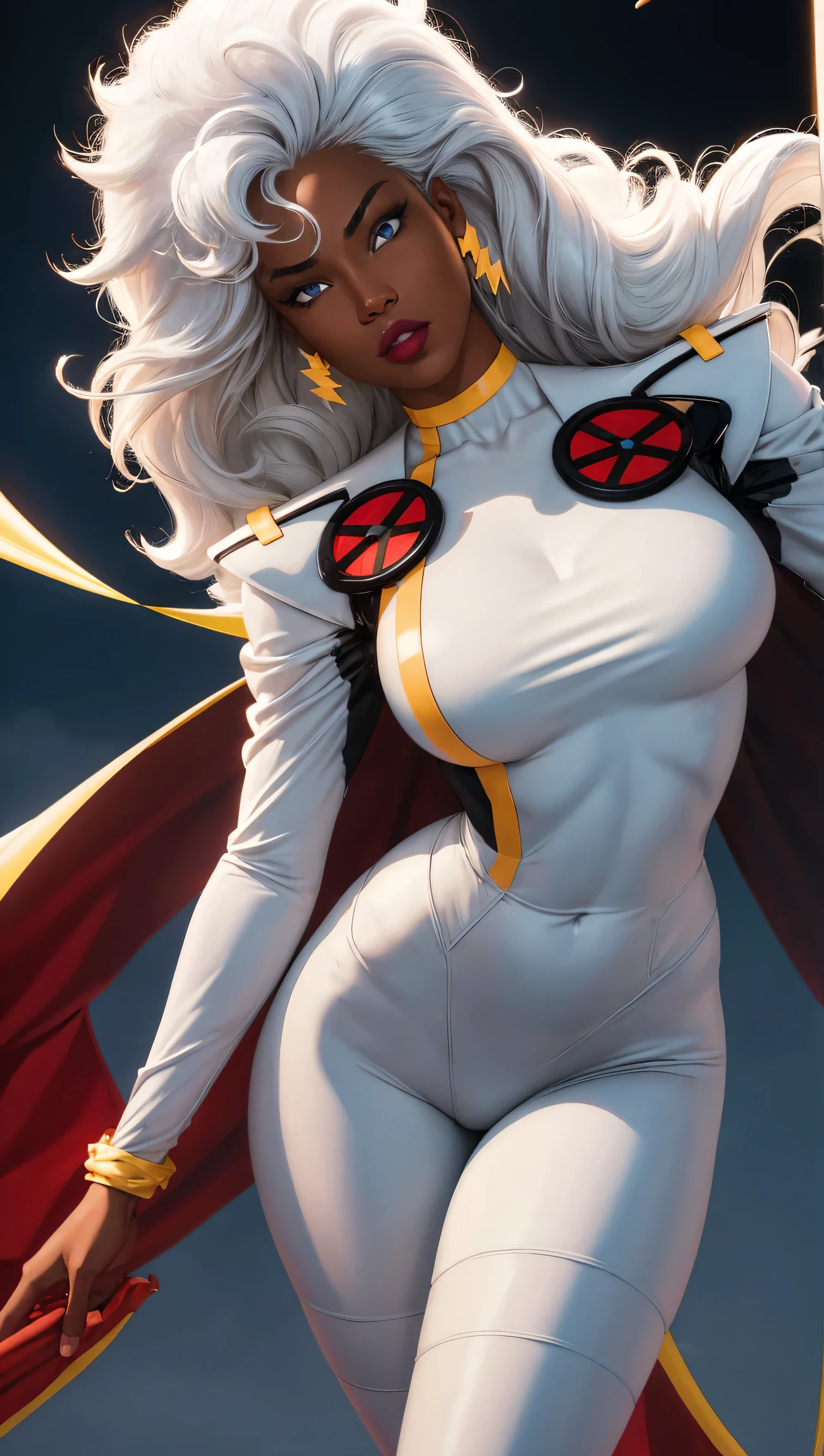 CARTOON_X_MENs_Storm,ownwaifu,
long hair,white hair,dark skin,dark-skinned female,breasts,lips,blue eyes,very dark skin,huge breasts,lipstick,floating hair,very long hair,makeup,big hair,curly hair,red lips,eyelashes,toned,
jewelry,earrings,cape,bracelet,bodysuit,gloves,superhero,choker,
 official art,extremely detailed CG unity 8k wallpaper, perfect lighting,Colorful, Bright_Front_face_Lighting,shiny skin, (masterpiece:1.0),(best_quality:1.0), ultra high res,4K,ultra-detailed, photography, 8K, HDR, highres, (absurdres:1.2), Kodak portra 400, film grain, blurry background, (bokeh:1.2), lens flare, (vibrant_color:1.2),professional photograph, (beautiful_face:1.5), wide hips, tall