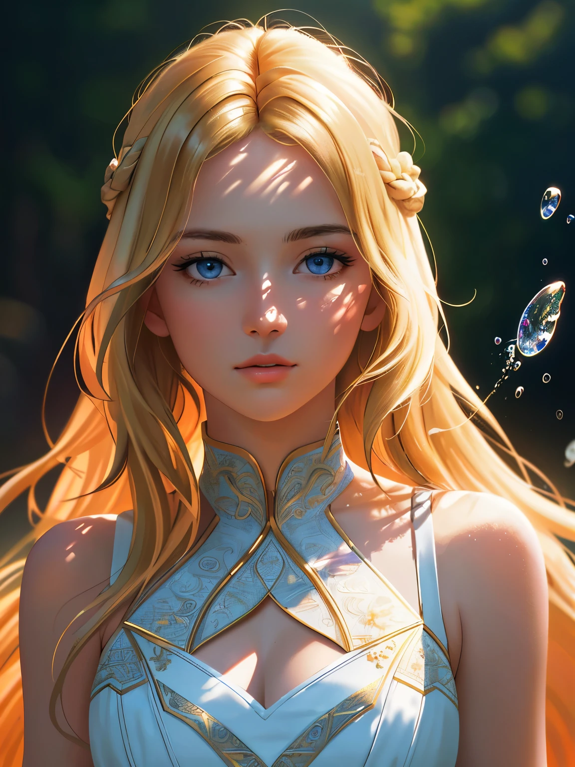 masterpiece, highest quality, ultra detail, illustration, beautiful detail, depth of field, dynamic angle, 8k wallpaper, portrait, best light and shadow quality, 4k, 8k, cg, fine detail, blurred background, upper body, contemporary, dress, blonde, long hair, beautiful eyes, beautiful splash