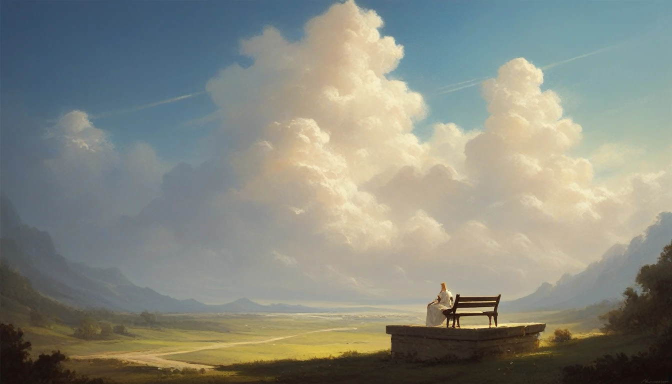 a painting of two men sitting on a bench in front of the sky, epic biblical representation, Divine and Stoic, bible illustration, omnipresent background, epic clouds and godlike lighting, pious and ethereal, divine kingdom of the gods, sua mente contemplando a eternidade, among sunlit heavenly clouds, biblical painting, in the image there is the name: bible stories, arte conceitual de deus, biblical style art