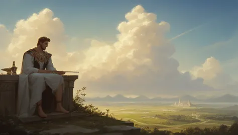 a painting of two men sitting on a bench in front of the sky, epic biblical representation, divine and stoic, bible illustration...