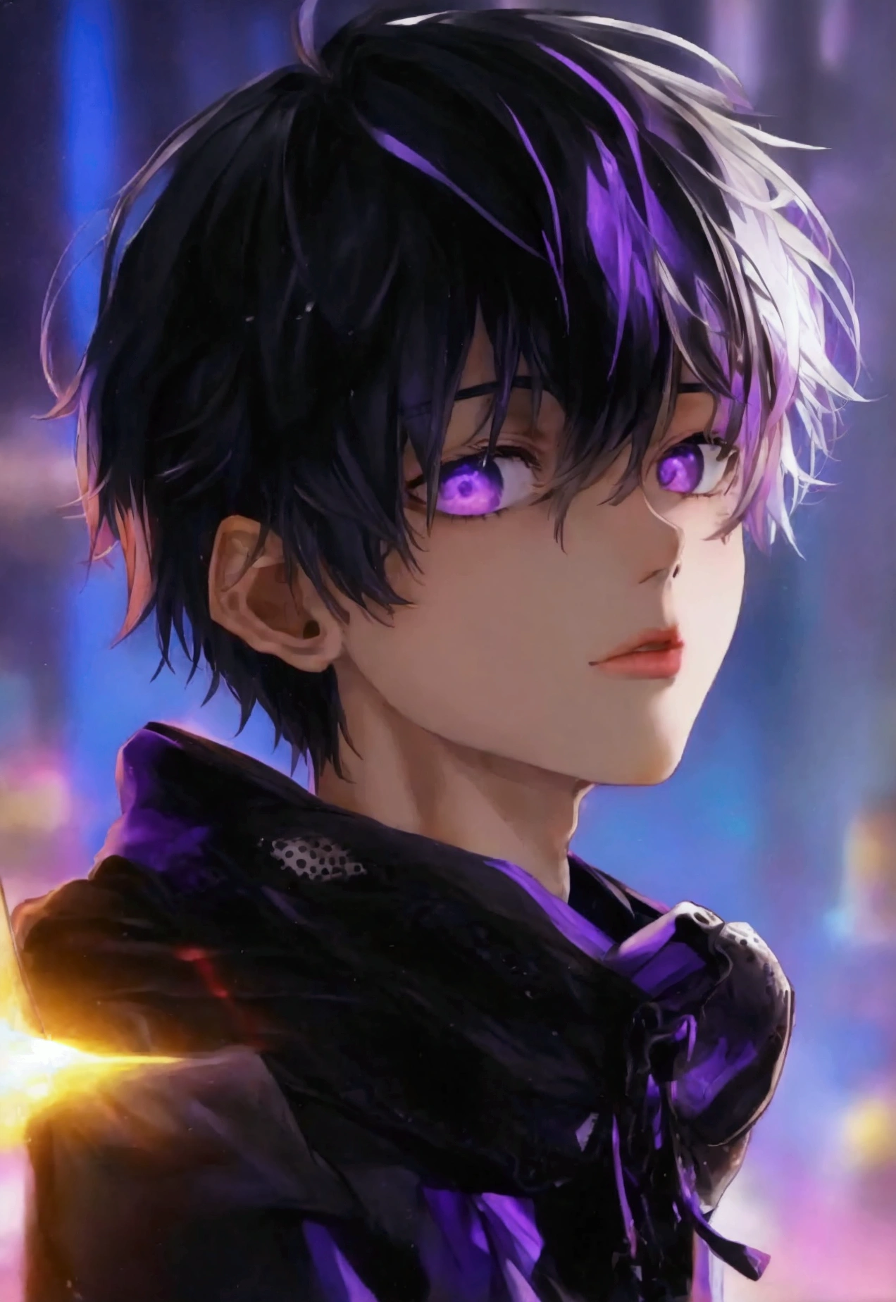 Boy, black hair with purple streaks, buggy clothes, black purple eyes
