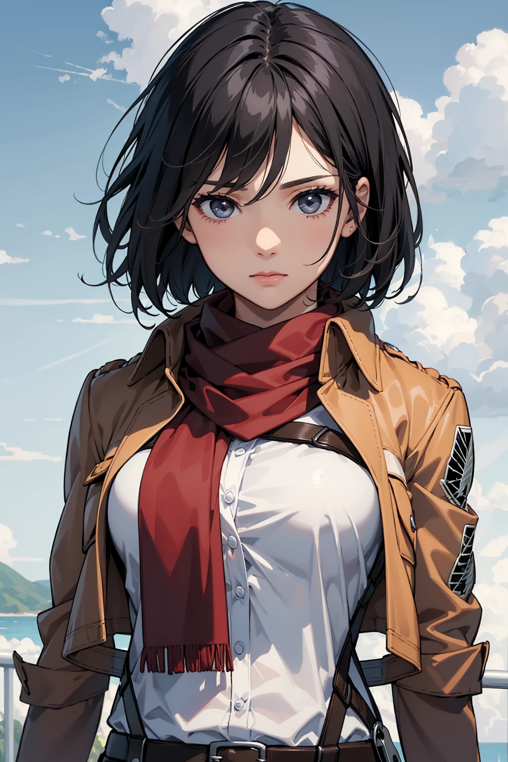 (masterpiece), best quality, expressive eyes, perfect face, looking at viewer, 1girl, solo, (upper body), mature female, white shirt, brown jacket, emblem, scarf, red scarf, (perfect breasts), muscular, black eyes, black hair, short hair, ((pasture)), (sky), hmmikasa