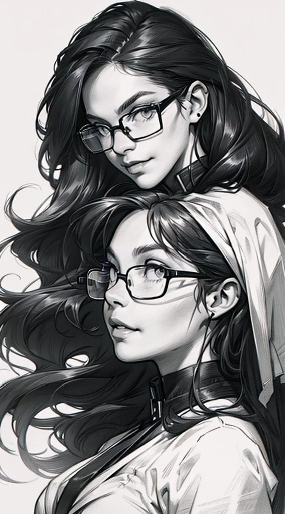 sketching，pencil drawing，Portrait of a Young Woman，longwavy hair，ssmile，Professional Dress，eye glass，Black and white picture，Black and white art，Black and white illustration，super-fine，Hair is carefully described，The eyes are carefully depicted，best qualtiy，8K resolution