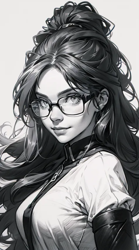 sketching，pencil drawing，Portrait of a Young Woman，longwavy hair，ssmile，Professional Dress，eye glass，Black and white picture，Bla...
