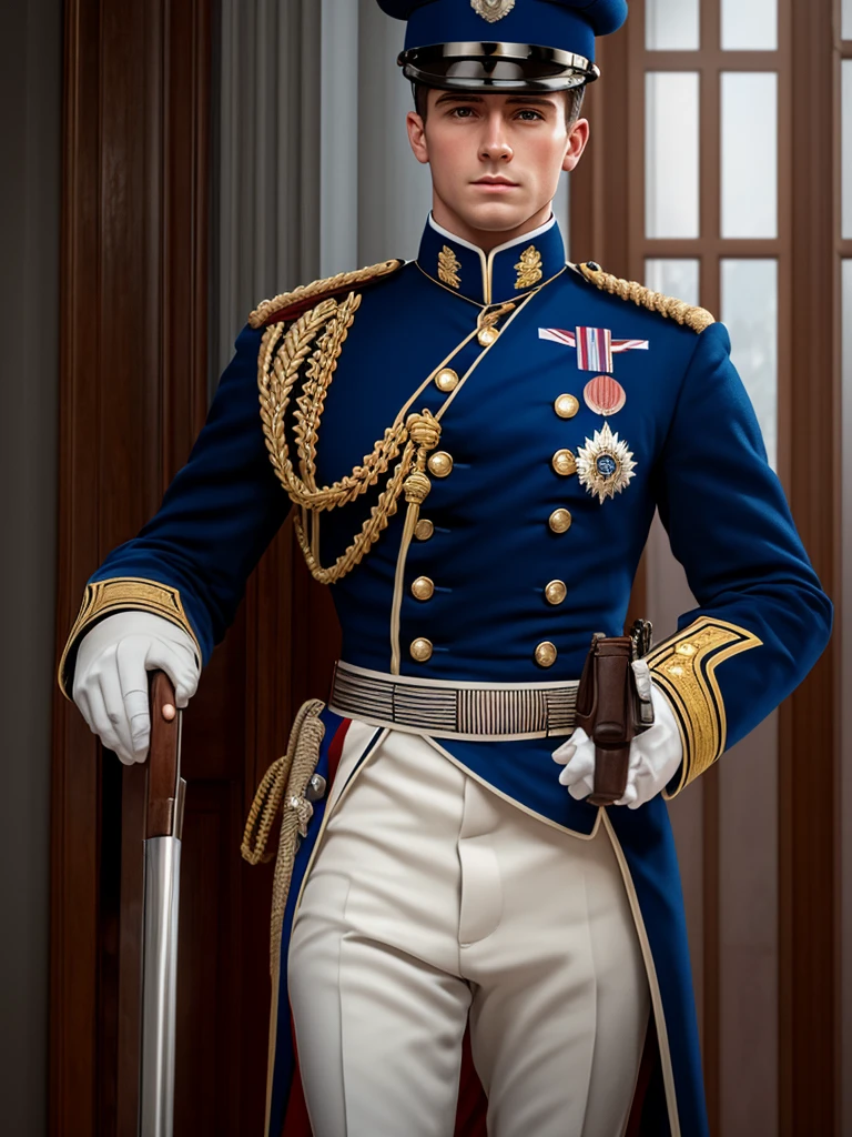 (piece of master), (best quality), realistic view, cinemactic, fotorrealism, rendering, Realistic, ultra detaild, face perfect, portraite, up chest, Young British Guard, man in the 19th century, Guard in England, British Guard uniform, facing the front, looking straight ahead