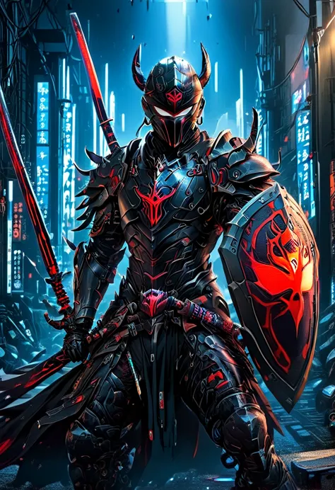 araffe dressed in a black suit holding a sword and a sword, cyborg samurai, cyber japan samurai armor, cyberpunk samurai, very b...