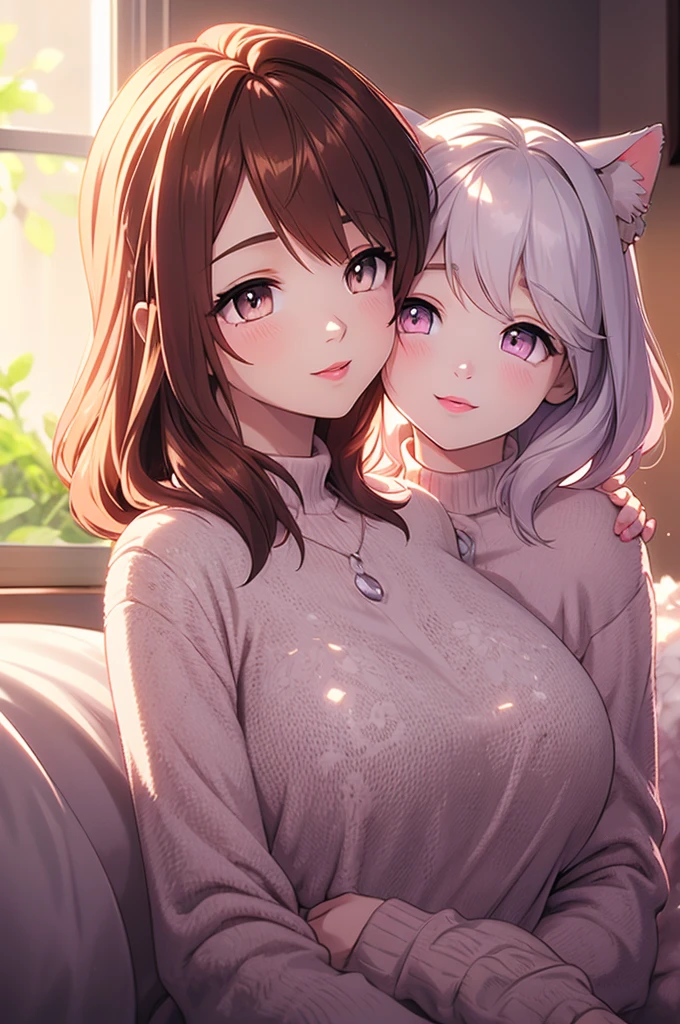 realistic, photorealistic, 1 mother cat girl, 1 daughter cat girl, mother and daughter on bed, smiling, mother with large breasts, daughter with short bobbed hair, mother applying lipstick, mother kissing daughter, detailed facial features, extremely detailed eyes, extremely detailed lips, warm lighting, pastel colors, soft focus, elegant, tender, loving, intimate, masterpiece, best quality, 8k, highly detailed