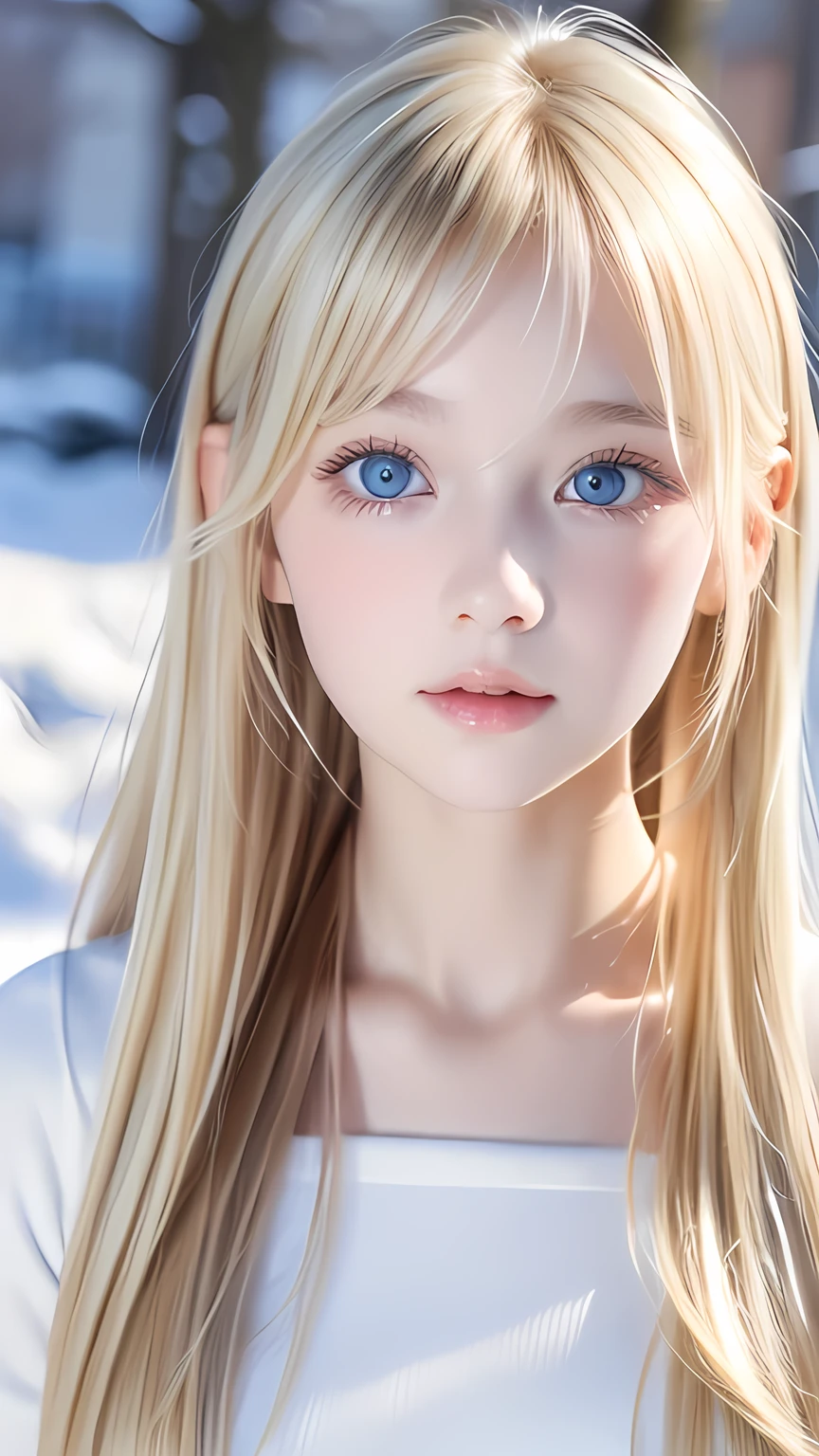 Beautiful pretty face girl,Beautiful blonde hair,Half Body Shot,Beautiful long bangs,Beautiful cute hair between the eyes,Striped Hair,Round face、Pale light blue eyes、Big eyes、snow-white beautiful skin、gloss of skin on young cheeks,、Large double eyelids