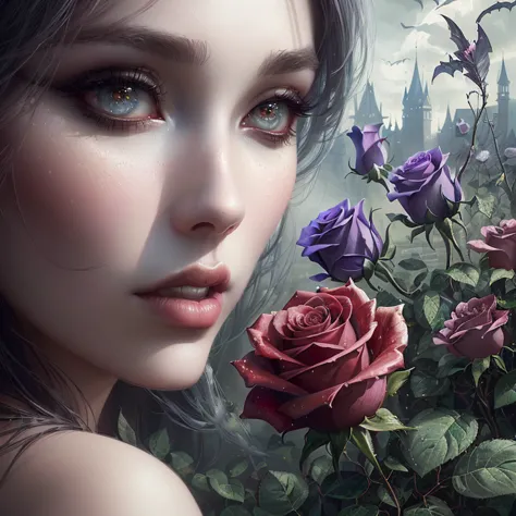 there is a woman with a rose in her hand and a castle in the background, dark fantasy mixed with realism, artistic style tom bag...