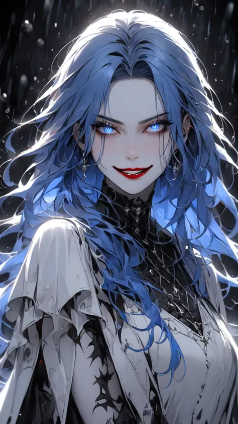 highest quality、masterpiece、1 girl、water droplets background、blue hair:1.5、blue eyes、red lips, white clothes、black and white wor...