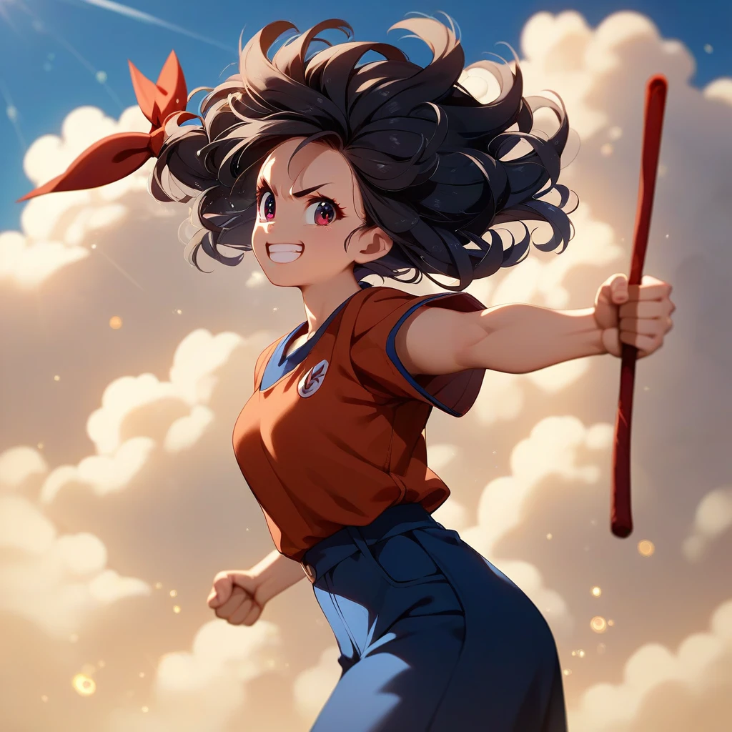 GoKu1024 ,  fot of chibi girl with long curly dark hair, flying on a yellow cloud, Fist Grenching, holding a red sticK, highy detailed, fot, ultra sharp, film, bokeh, proffesional, K  