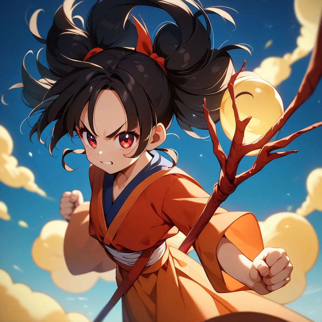 GoKu1024 ,  fot of chibi girl with long curly dark hair, flying on a yellow cloud, Fist Grenching, holding a red sticK, highy detailed, fot, ultra sharp, film, bokeh, proffesional, K  