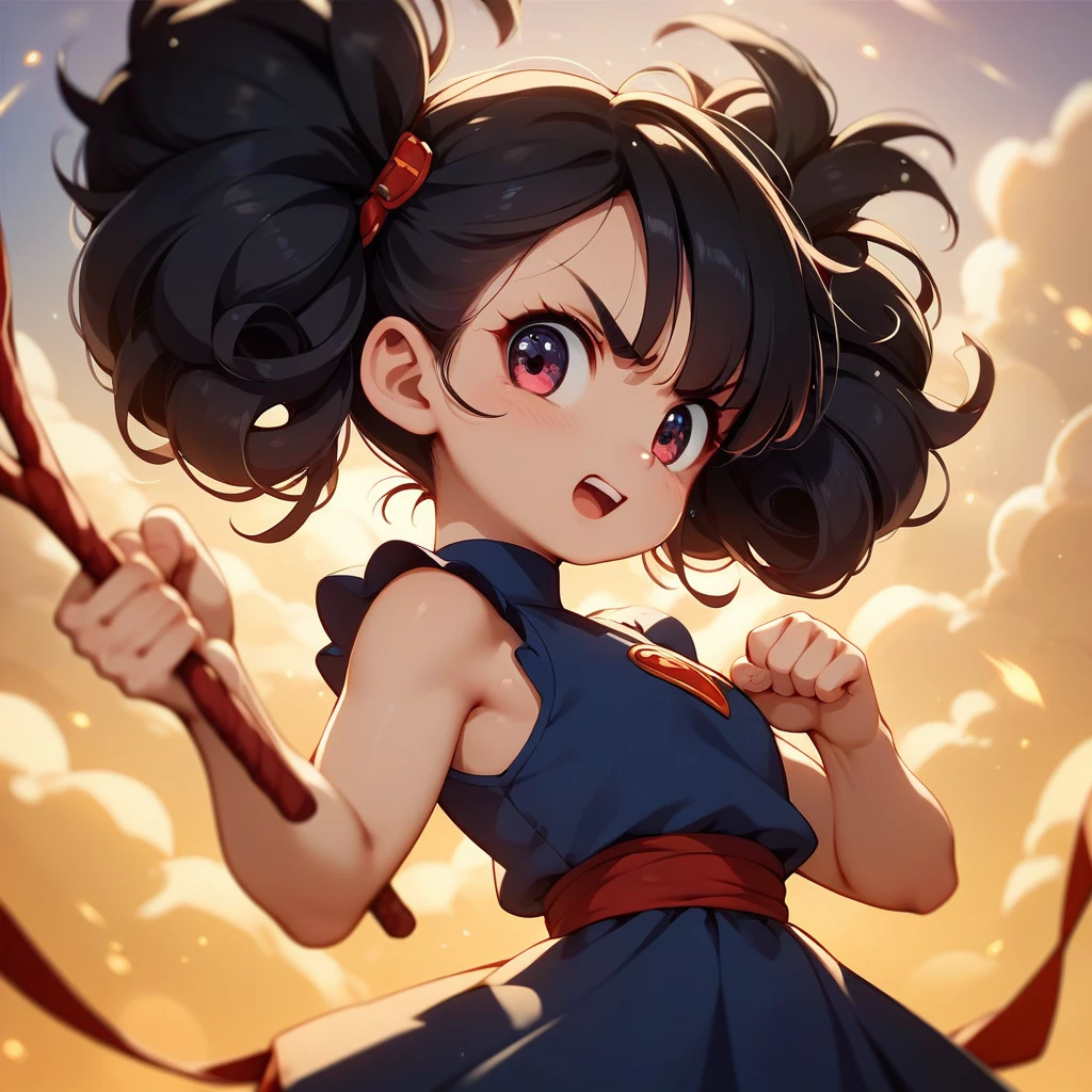 GoKu1024 ,  fot of chibi girl with long curly dark hair, flying on a yellow cloud, Fist Grenching, holding a red sticK, highy detailed, fot, ultra sharp, film, bokeh, proffesional, K  