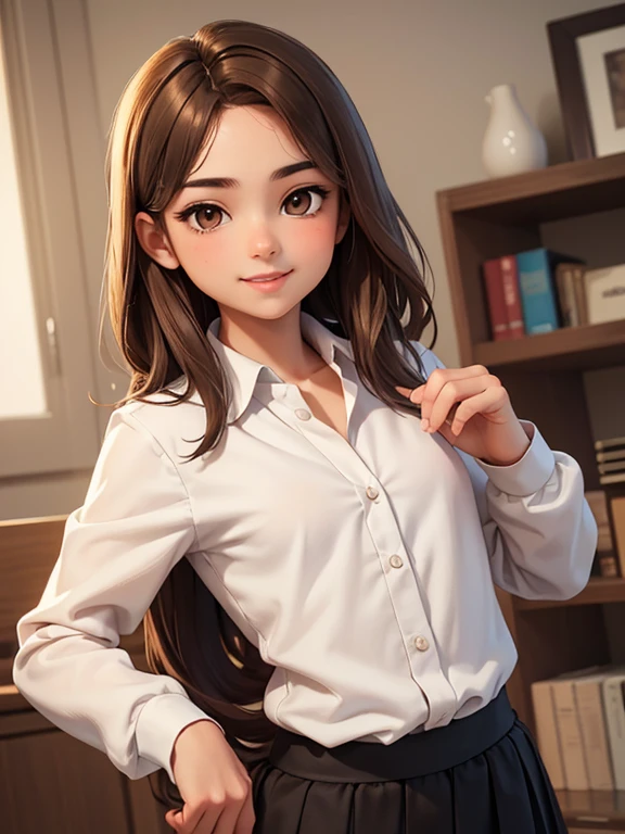 (masterpiece、top quality、top quality、official art、Nice and beautiful:1.2)、(one cute effeminate brown-eyed androgynous brown-haired man:1.3),(Smooth breasts:1.3), beautiful proportional boyish straight figure with a narrow pelvis; medium length brown shaggy hair; beautiful realistic expressive brown eyes, (Best quality, masterpiece),  upper body, She has a beautiful small wide proportional nose and soft tasty lips.., nice smile. The physique is slim, Boy., She is wearing an academic uniform with long sleeves and a long skirt...; In the women&#39;s kitchen&#39;student dormitory in the morning, high quality textures of realistic human skin, Beautiful realistic face, proportionate slim physique, 