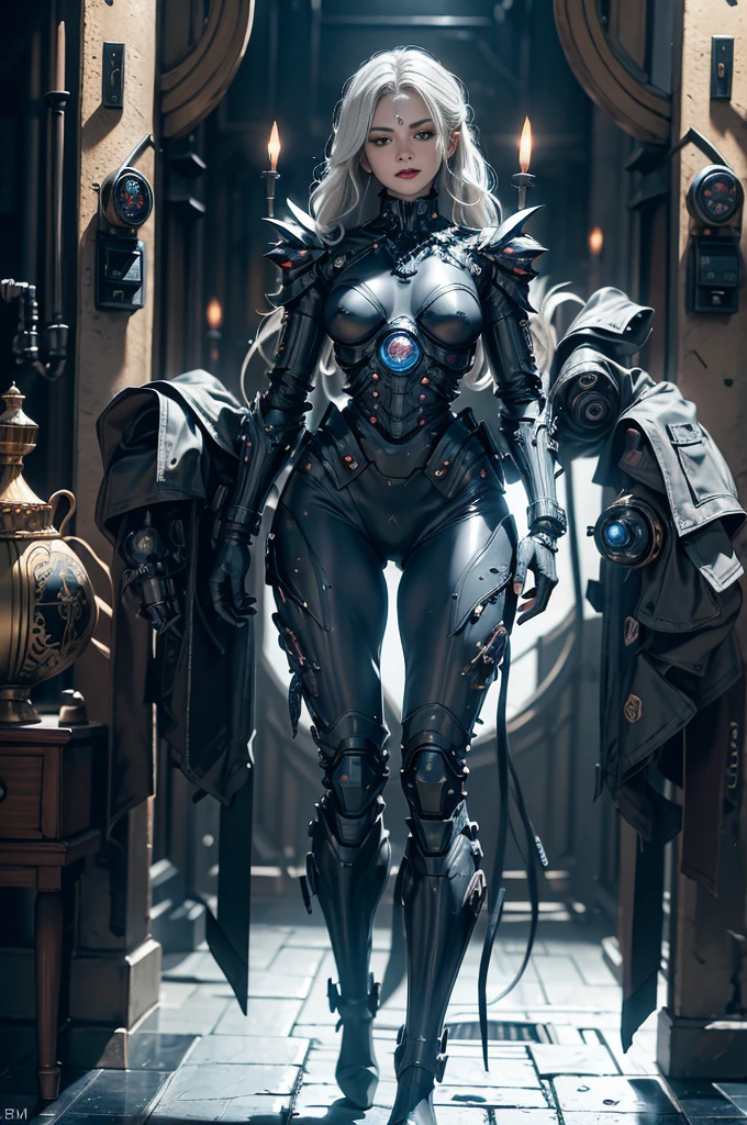 depicts a modern-day witch who has embraced the world of cybernetics to enhance her magical abilities. The artwork should convey the enchanting blend of traditional witchcraft and futuristic technology. Here are some specific elements to include: The Witch's Lair: The setting should be a cozy yet slightly eerie room, filled with magical books, crystal balls, potion ingredients, and antique furnishings. The room should be dimly lit by candles and a soft, mystical glow emanating from her cybernetic enhancements. The Cyborg Witch: The central focus of the artwork is the witch herself. She's a striking figure with a mix of traditional witch attire and cybernetic enhancements. Her clothing should have a witchy, occult aesthetic, with flowing robes, a pointed hat, and an intricate pentagram necklace. Her arms, however, have been upgraded with cybernetic components that incorporate magical symbols and glowing runes. Magical Interface: The witch is in the midst of casting a spell, with a holographic, touch-screen interface floating before her. This interface includes spell incantations, arcane symbols, and digital components, demonstrating her fusion of magic and technology. Spell Ingredients: On a nearby table, there should be a collection of spell ingredients, like herbs, potions, and magical artifacts. Some of these items may have been modified with cybernetic enhancements, blurring the line between the natural and the technological. Familiar: The witch's familiar, perhaps a cat or raven, should be present in the scene, serving as her magical companion. The familiar could also have subtle cybernetic enhancements or glowing eyes. Glowing Runes: The room should be adorned with ancient symbols and glowing runes on the walls and floor, contributing to the magical atmosphere. Aetherial Lighting: Use a combination of mystical, ethereal lighting and cybernetic glows to create a captivating interplay of light and shadow. The contrast between the tradit